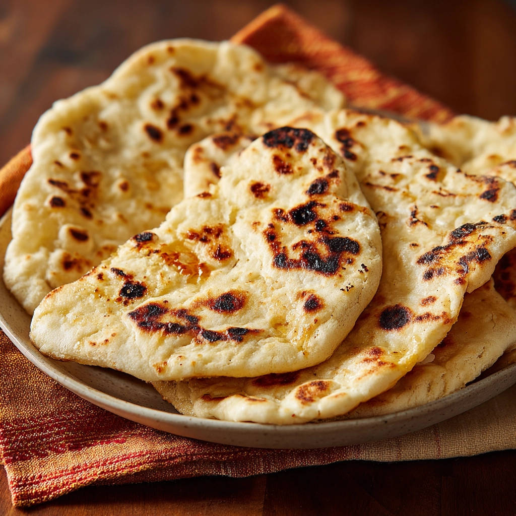 Naan Brot mit gebackener Textur und goldenen Honigtropfen auf einer Platte serviert.