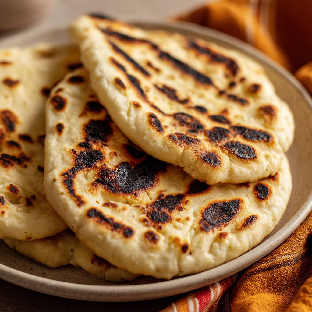Naan Brot auf einem Teller, frisch gebacken mit charakteristischen dunklen Brandstellen und einer weichen Textur.