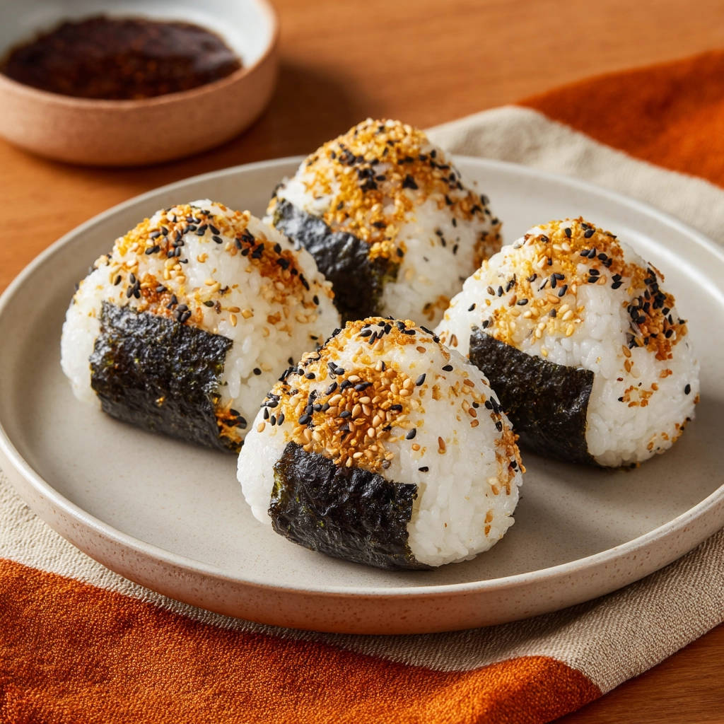 Onigiri mit Sesam und Nori-Streifen auf einem Teller, eine Nahaufnahme, die die Textur und Garnitur zeigt.