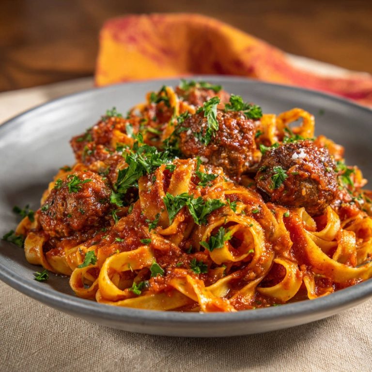 Pasta mit Hackbällchen in Tomatensauce, nahaufnahme der servierten Portion mit frischer Petersilie garniert.