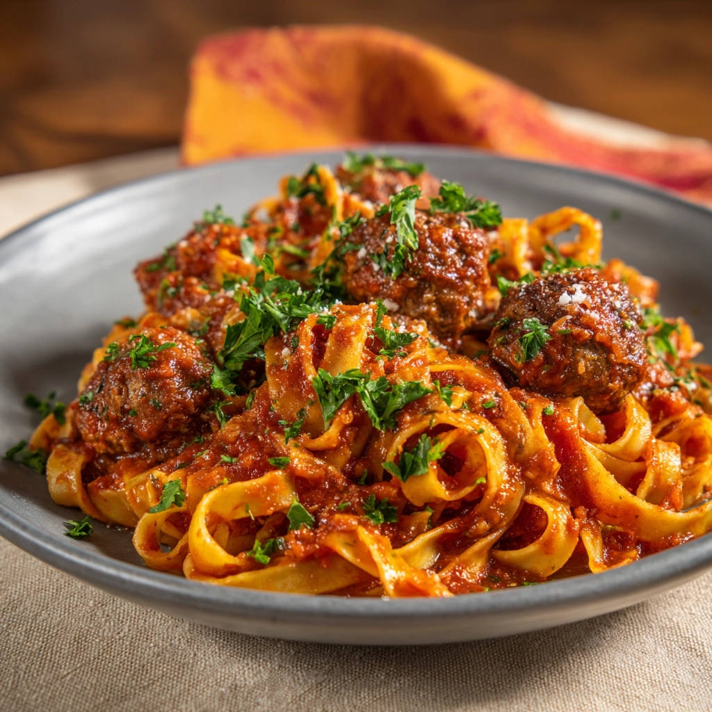 Pasta mit Hackbällchen in Tomatensauce, nahaufnahme der servierten Portion mit frischer Petersilie garniert.