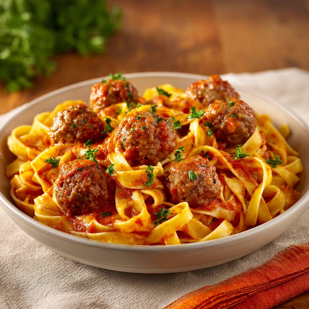 Pasta mit Hackbällchen in Tomatensauce als Nahaufnahme serviert, mit frischer Petersilie garniert.