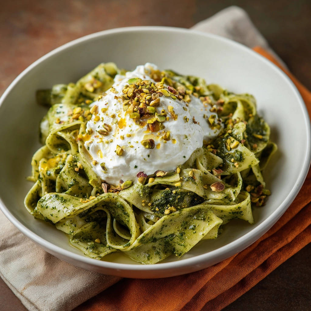 Pasta mit Pistazien-Pesto und Burrata, hier detailreich mit gehackten Pistazien und cremigem Käse garniert.