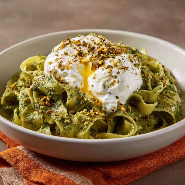 Pasta mit Pistazien-Pesto und Burrata, mit gehackten Pistazien und zerlaufendem Eigelb garniert.