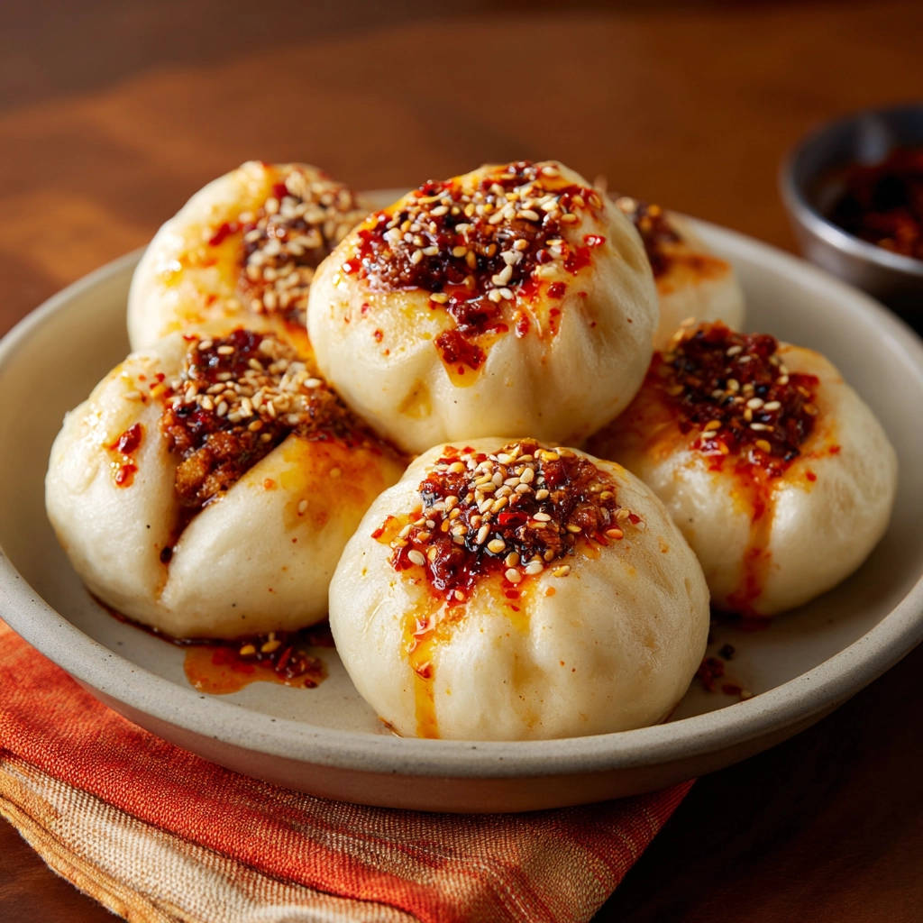Knusprige Pfannen-Bao Brötchen garniert mit sesam und chili-öl auf einem Teller