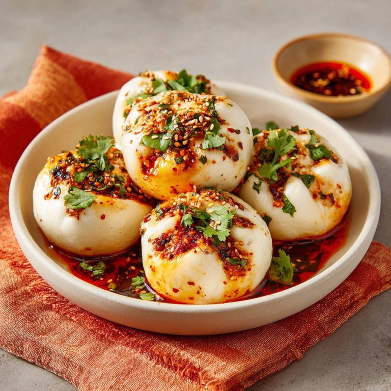 Knusprige Pfannen-Bao Brötchen mit Chili-Öl und Koriander garniert, serviert in einer Schüssel.