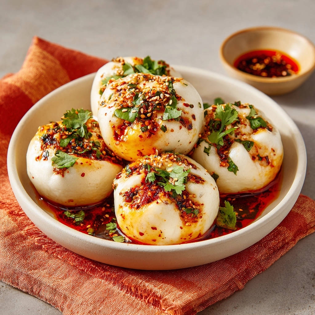 Knusprige Pfannen-Bao Brötchen mit Chili-Öl und Koriander garniert, serviert in einer Schüssel.