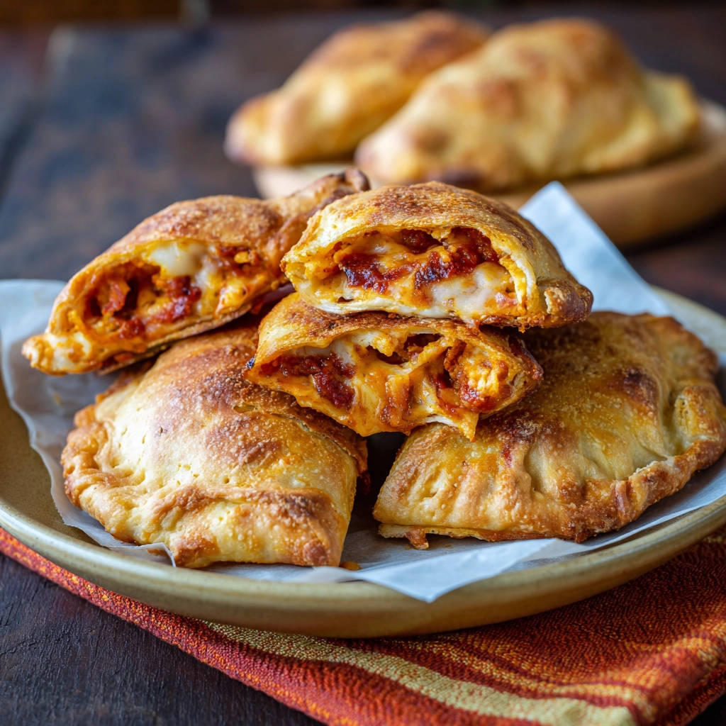 Pizza-Taschen angeschnitten zeigen eine herzhafte Füllung aus Käse und Tomaten-Sugo, die nicht ausläuft.