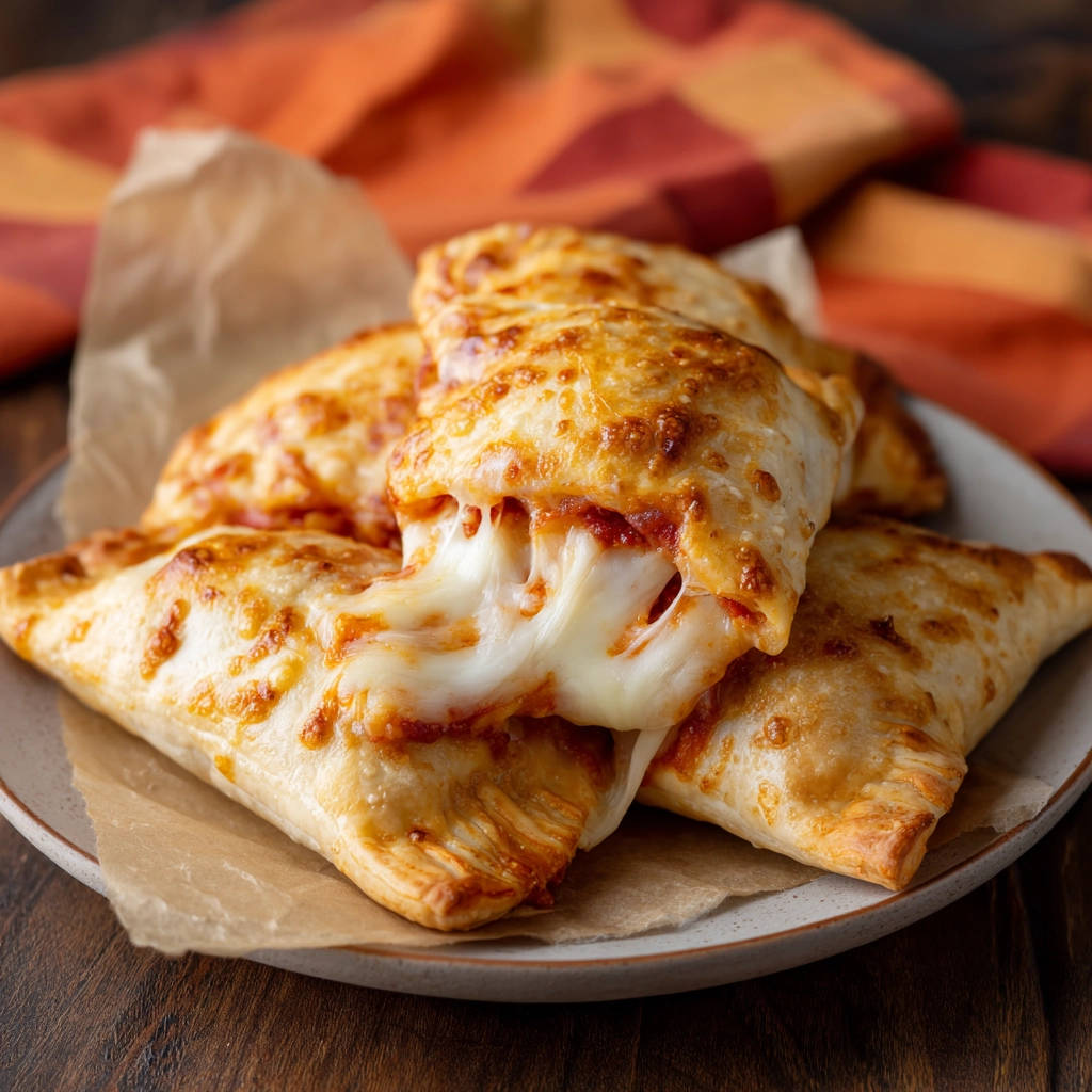 Pizza-Taschen mit geschmolzenem Käse, der aus einer gebackenen Teigtasche herausläuft, nahaufnahme