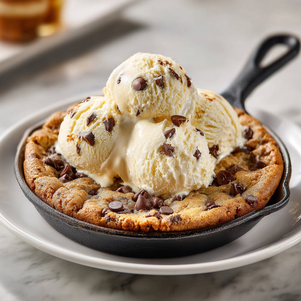 Riesen Skillet Schoko-Cookie mit drei Kugeln Vanilleeis und Schokostückchen, serviert in einer Gusseisenpfanne.