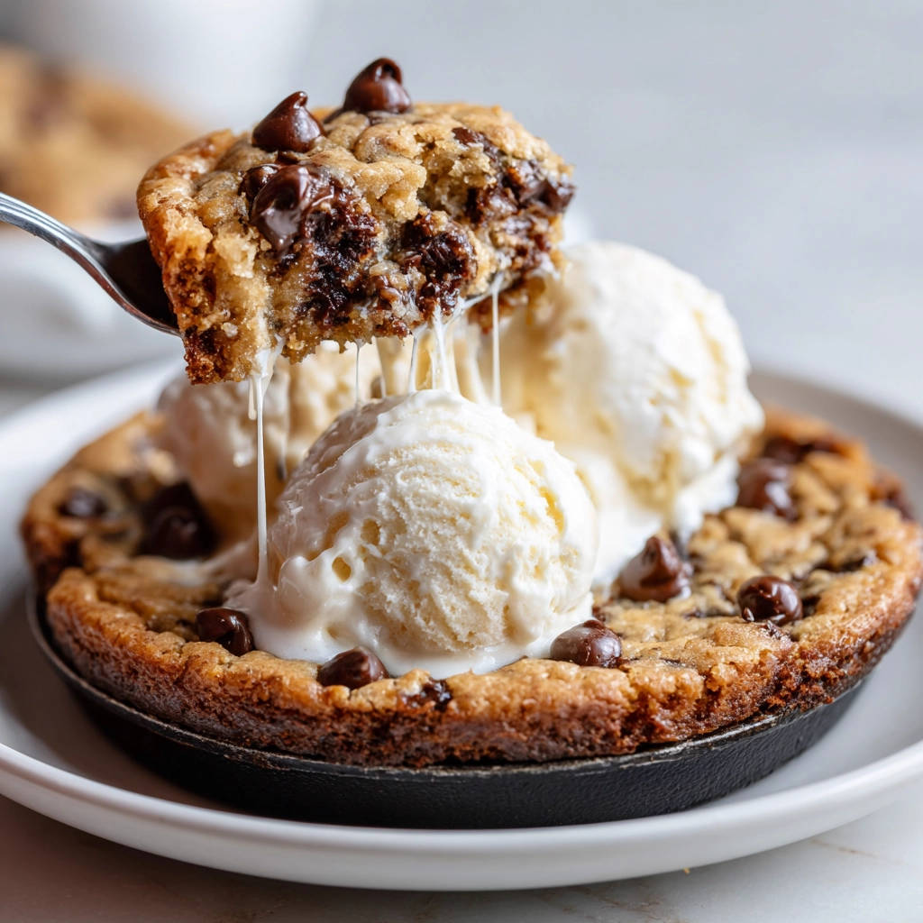Riesen Skillet Schoko-Cookie mit Eis und geschmolzenem Käse, nahaufnahme von einem Löffel, der ein Stück heraushebt