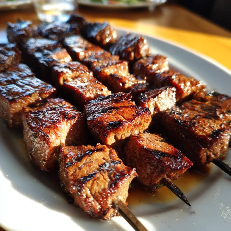 Saftige Rinder-Spieße vom Grill in einer Nahaufnahme, die die gegrillte Textur und saftigen Stücke zeigen.