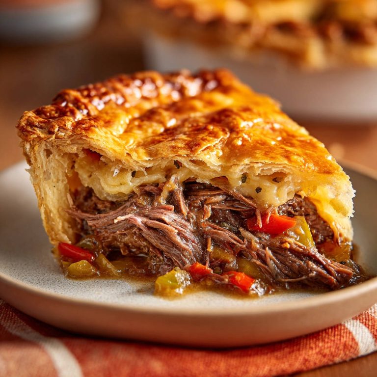 Herzhafter Rindfleisch-Pie im Querschnitt, der die saftige Füllung mit Rindfleisch und Gemüse zeigt, frisch aus dem Ofen.