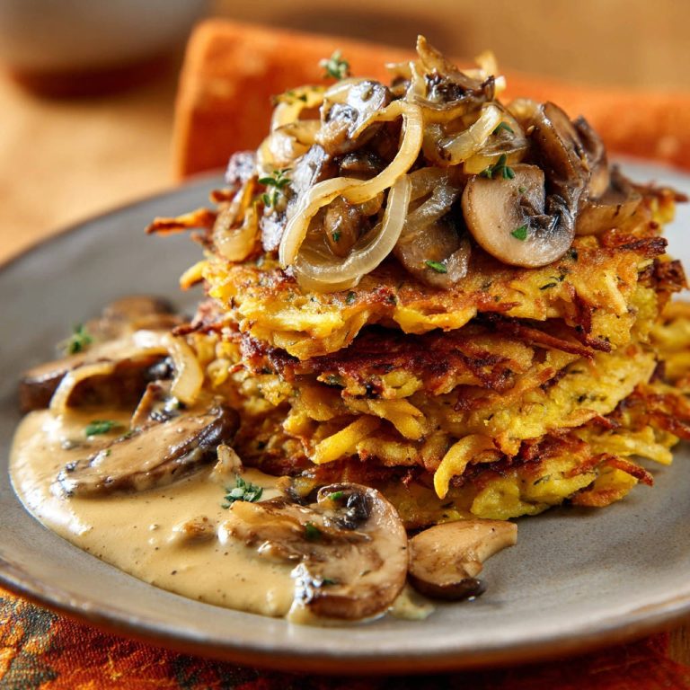 Rösti-Türmchen mit Pilzrahmsoße als Nahaufnahme mit detailreicher Textur und cremiger Soße
