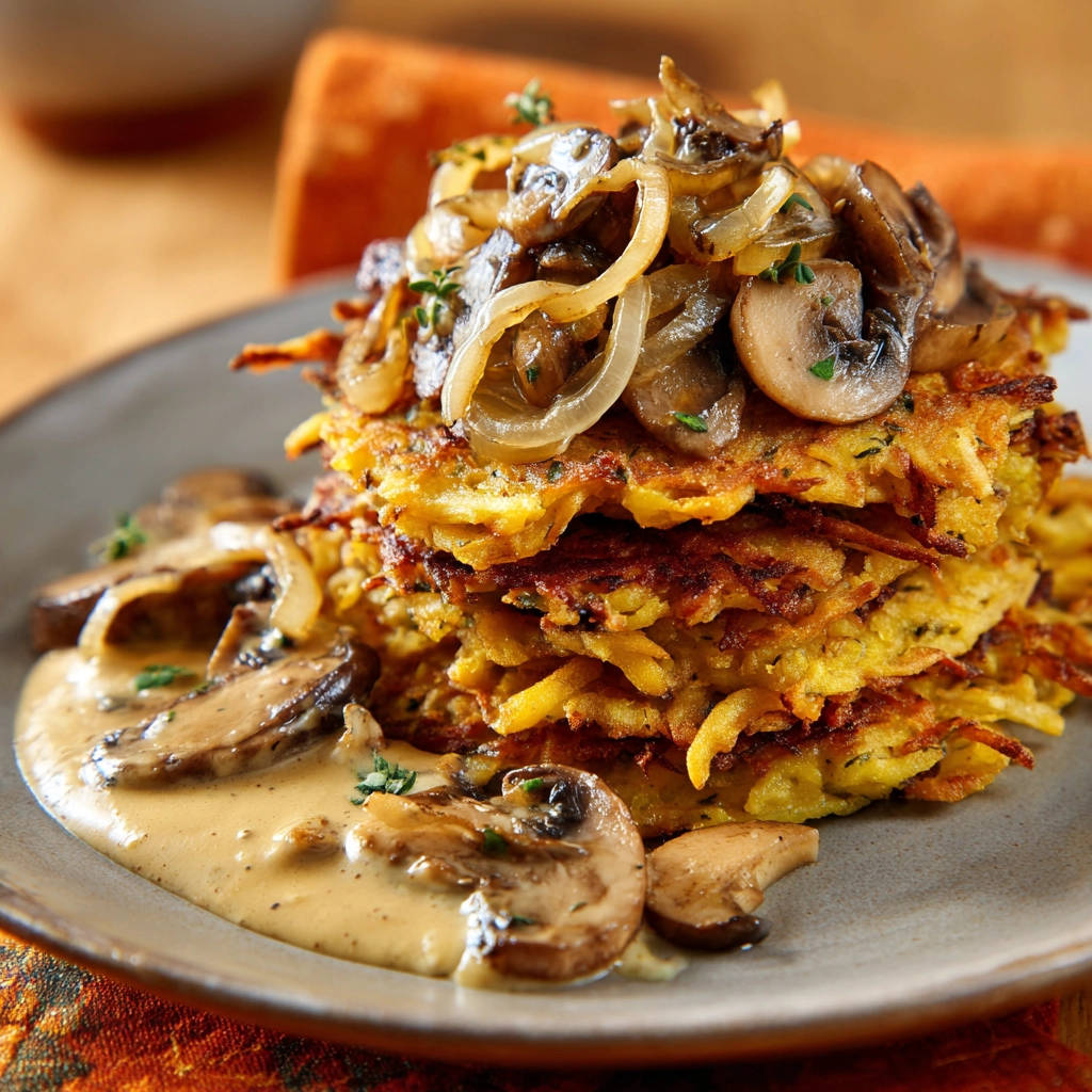 Rösti-Türmchen mit Pilzrahmsoße als Nahaufnahme mit detailreicher Textur und cremiger Soße