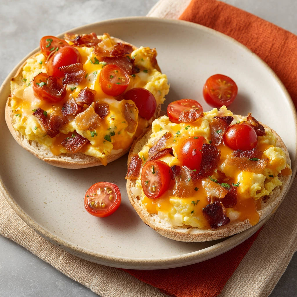 Rührei-Muffins mit Speck und Kirschtomaten, garniert mit Petersilie, auf einem Teller serviert