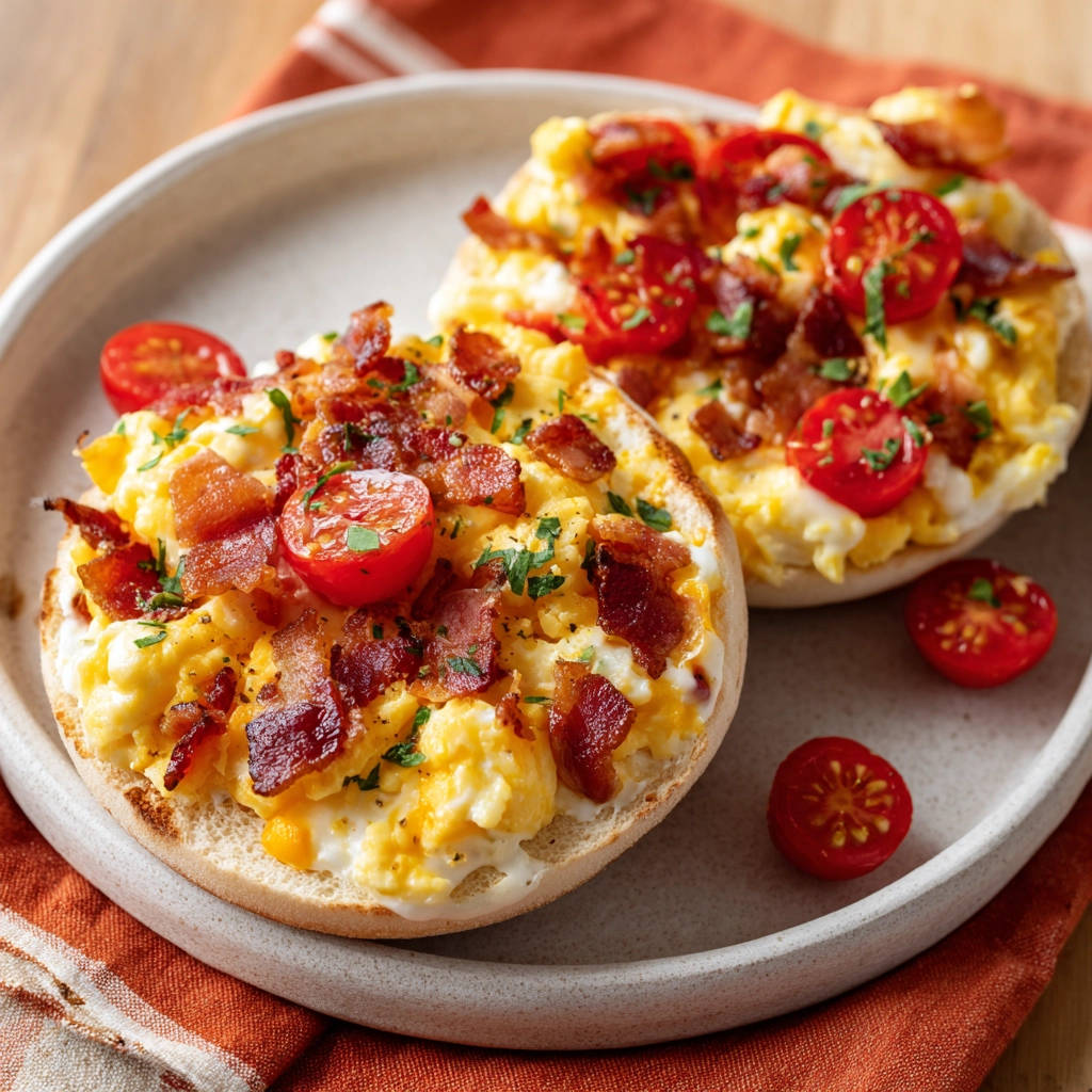 Rührei-Muffins mit Tomaten und Speck, auf einem Teller serviert mit frischer Petersilie garniert