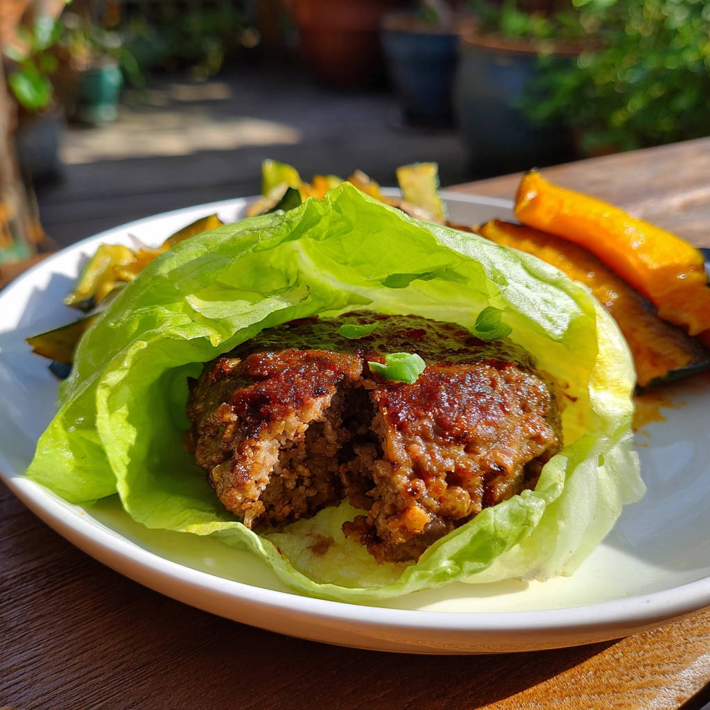 Saftige Hackbällchen im Salatblatt mit Ofengemüse, angeschnitten und mit Frühlingszwiebeln garniert, auf einem Teller serviert.