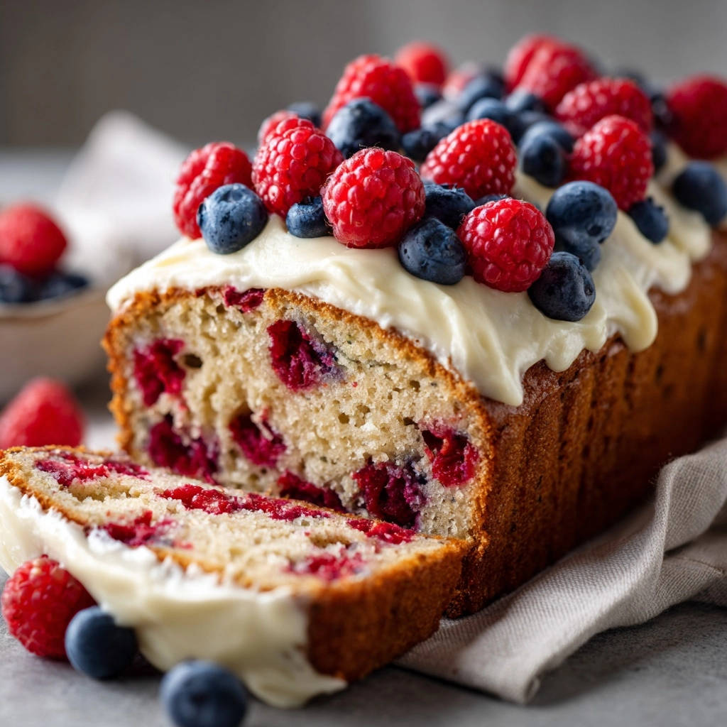 Saftiger Beeren-Kuchen angeschnitten, mit frischen Beeren und Zuckerguss als Topping garniert.
