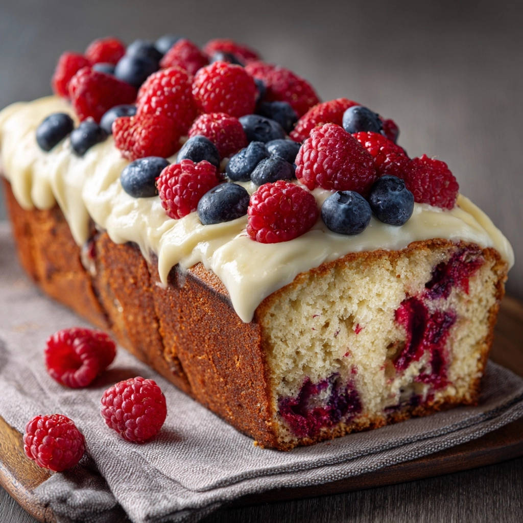 Saftiger Beeren-Kuchen mit einer cremigen Glasur, garniert mit frischen Himbeeren und Blaubeeren, Nahaufnahme des Kuchens.