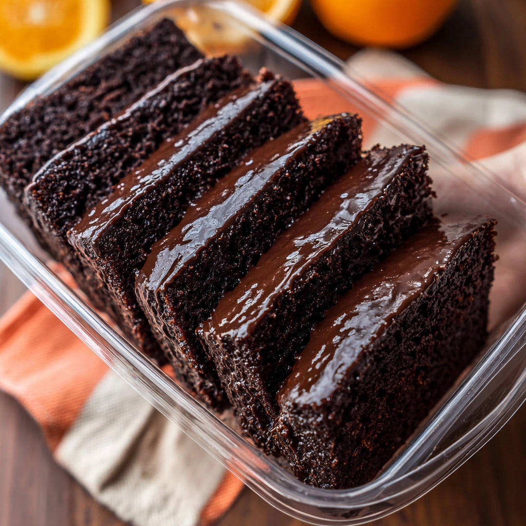 Saftiger Schokoladenkuchen mit Schokoguss, angeschnitten und in einer transparenten Box präsentiert, zeigt die feuchte Krume.