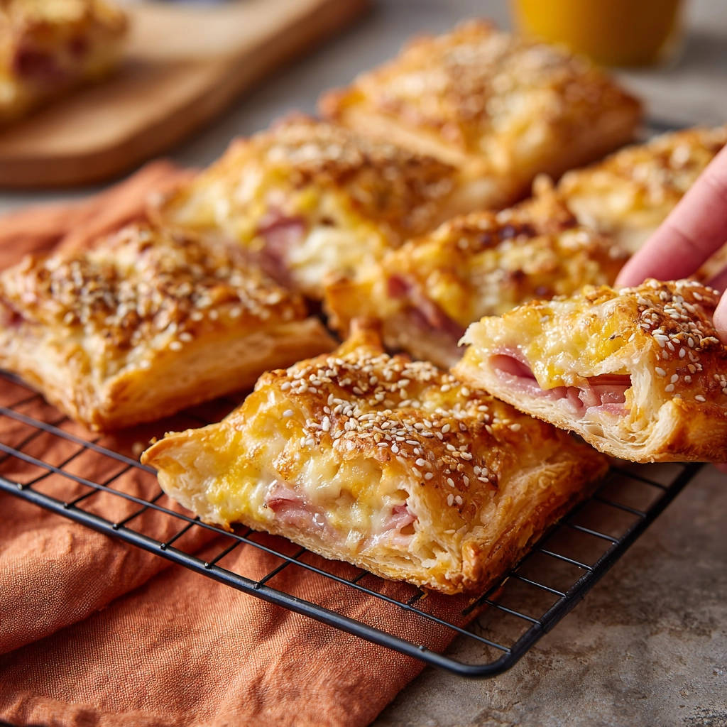Schinken-Käse-Blätterteig-Quadrate angeschnitten auf einem Gitter, die Füllung mit Schinken und Käse ist gut sichtbar.