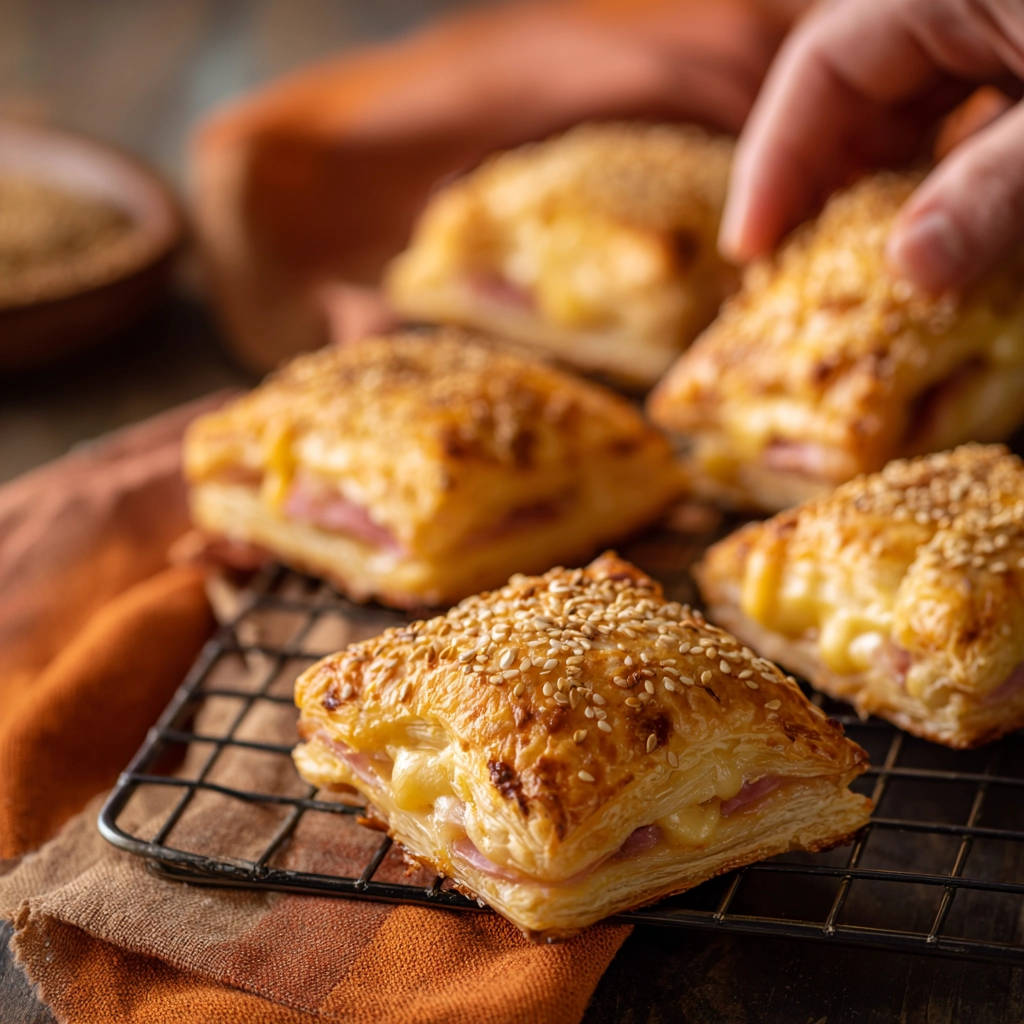 Schinken-Käse-Blätterteig-Quadrate frisch gebacken und auf einem Kühlerost arrangiert, mit Sesam bestreut.