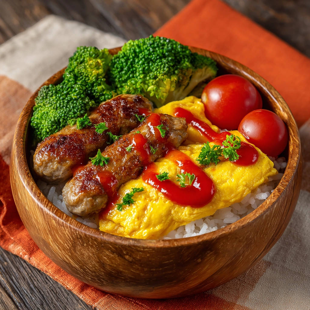 Schnelle Bowl mit Würstchen & cremigem Ei, hier im Detail mit Ketchup und frischer Petersilie garniert serviert.