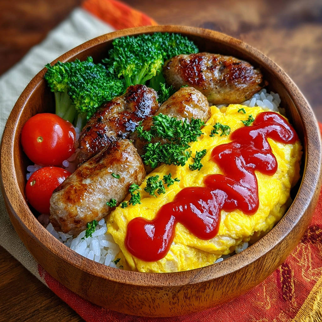 Schnelle Bowl mit Würstchen & cremigem Ei, nahaufnahme der servierten Mahlzeit mit Würstchen, Ei und Gemüse im Holznapf