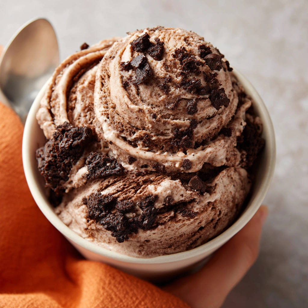 Cremiges Schoko-Brownie Eis mit Brownie-Stücken, Nahaufnahme der Textur und Löffel daneben
