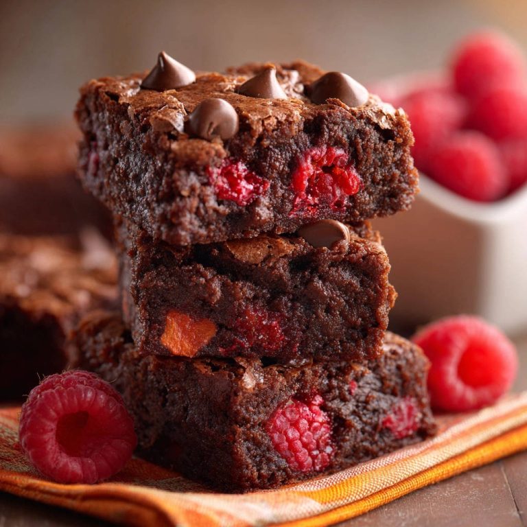Saftige Schoko-Brownies mit Himbeeren und Schokostückchen, gestapelt und im Nahaufnahme gezeigt.