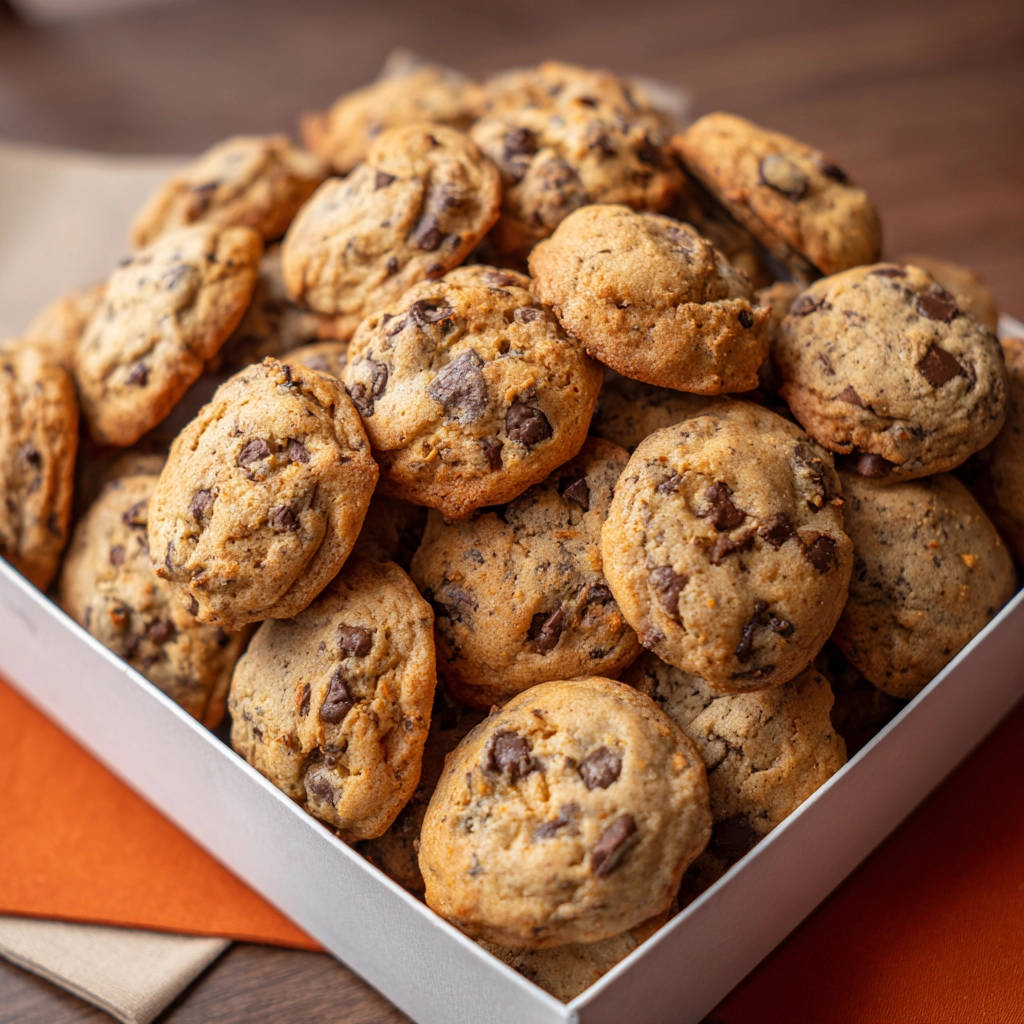 Schoko-Chip Cookies in einer weißen Box, nahaufnahme, die goldbraune Oberfläche und die Schokoladenstückchen sind gut sichtbar