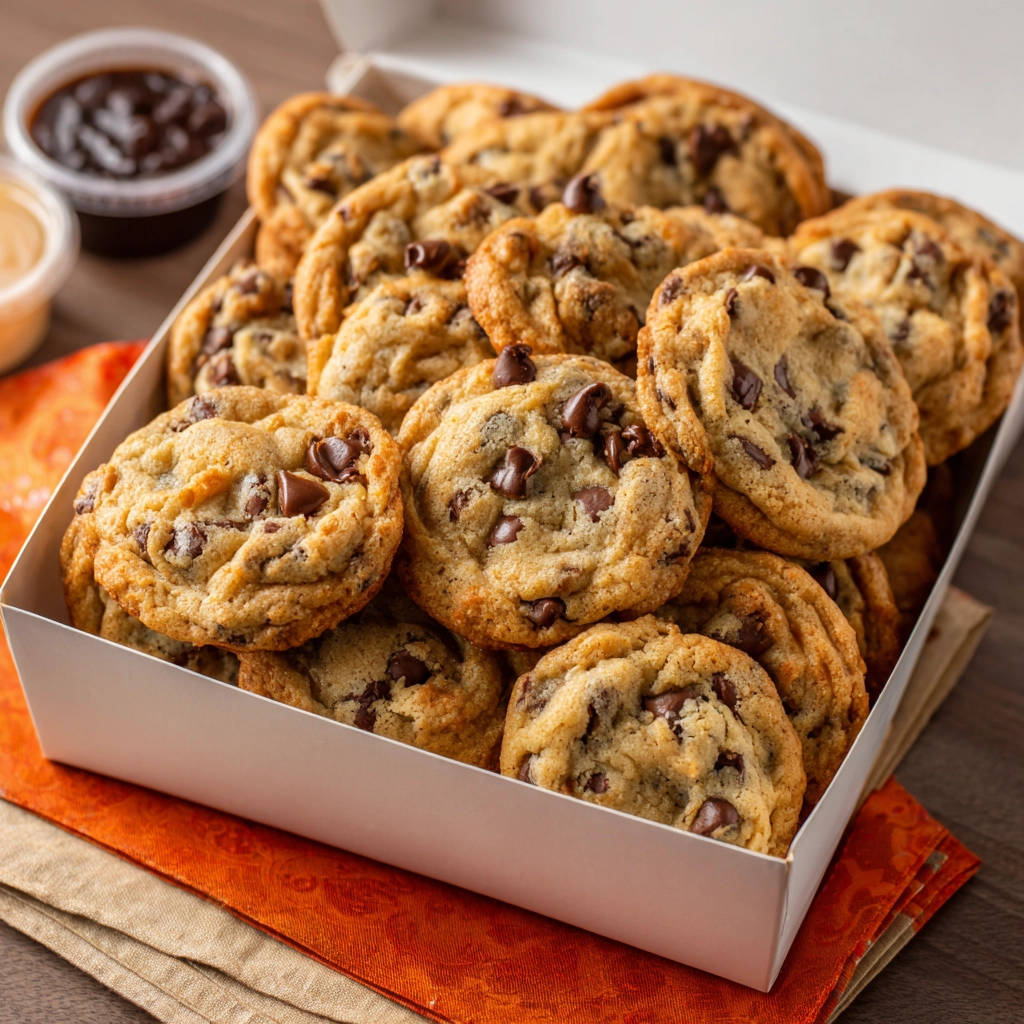 Schoko-Chip Cookies in einer weißen Box, Nahaufnahme der frisch gebackenen Kekse mit geschmolzenen Schokoladenstückchen.