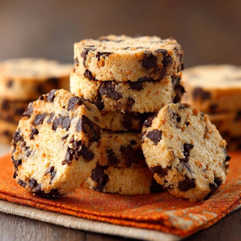 Schoko Chip Kringel, die nicht zerlaufen, angeschnitten auf einem orangen Tuch mit Schokoladenstückchen im Teig.
