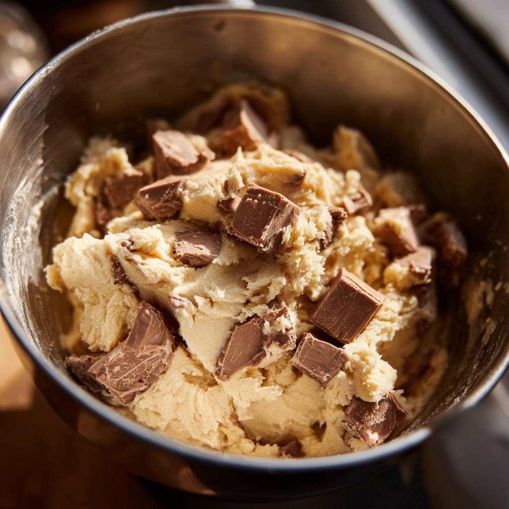 Superweiche Schoko-Chunk Cookies – Nahaufnahme des Teigs mit Schokoladenstücken in einer Schüssel