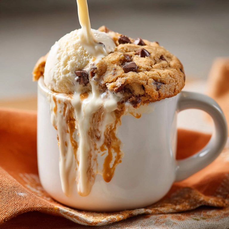 Saftiger Schoko-Cookie aus der Tasse mit Vanilleeis und Karamellsauce, Eiscreme und Karamell tropft aus der Tasse