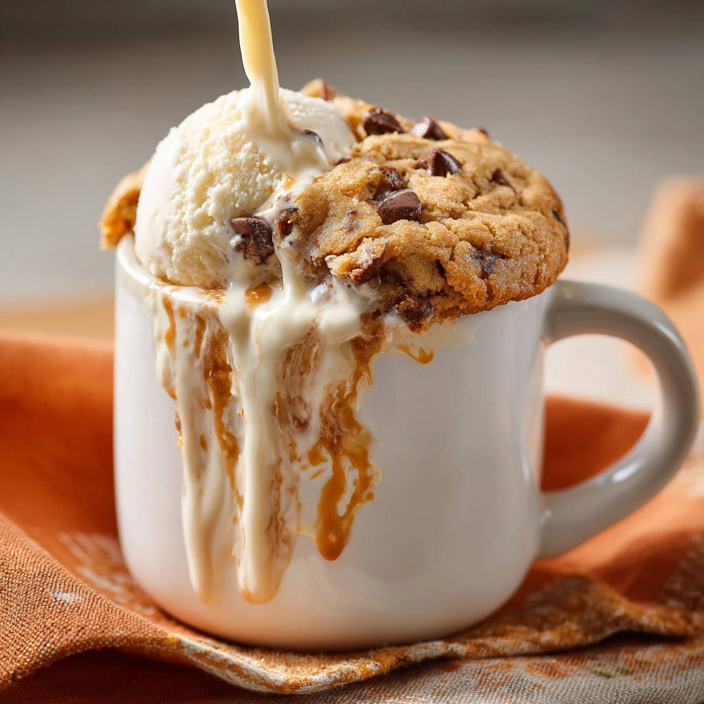 Saftiger Schoko-Cookie aus der Tasse mit Vanilleeis und Karamellsauce, Eiscreme und Karamell tropft aus der Tasse