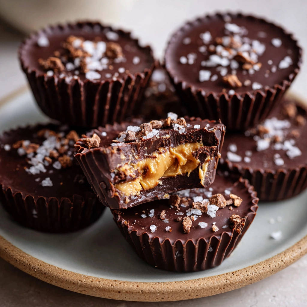 Schoko-Erdnussbutter-Cups mit Meersalz, angeschnitten, um die cremige Erdnussbutterfüllung zu zeigen.