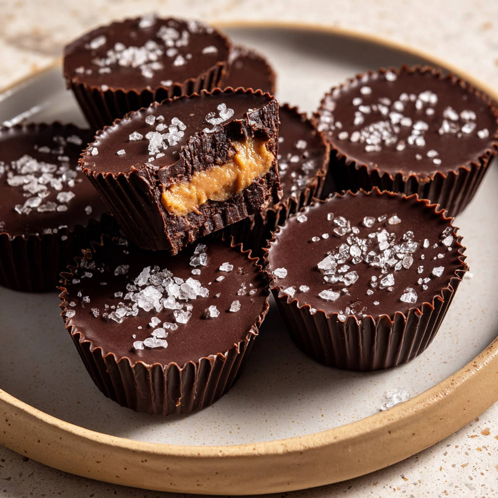 Schoko-Erdnussbutter-Cups mit Meersalz, ein angeschnittener Cup zeigt das cremige Innere und die knackigen Schokoladen-Außenseiten.