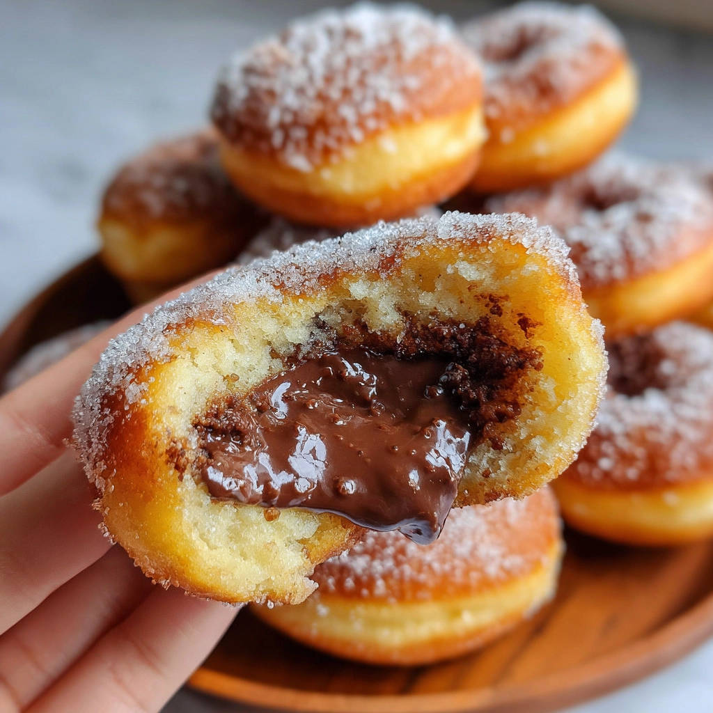 Schoko-gefüllte Donuts angeschnitten, die den reichhaltigen, flüssigen Schokoladenkern offenbaren.