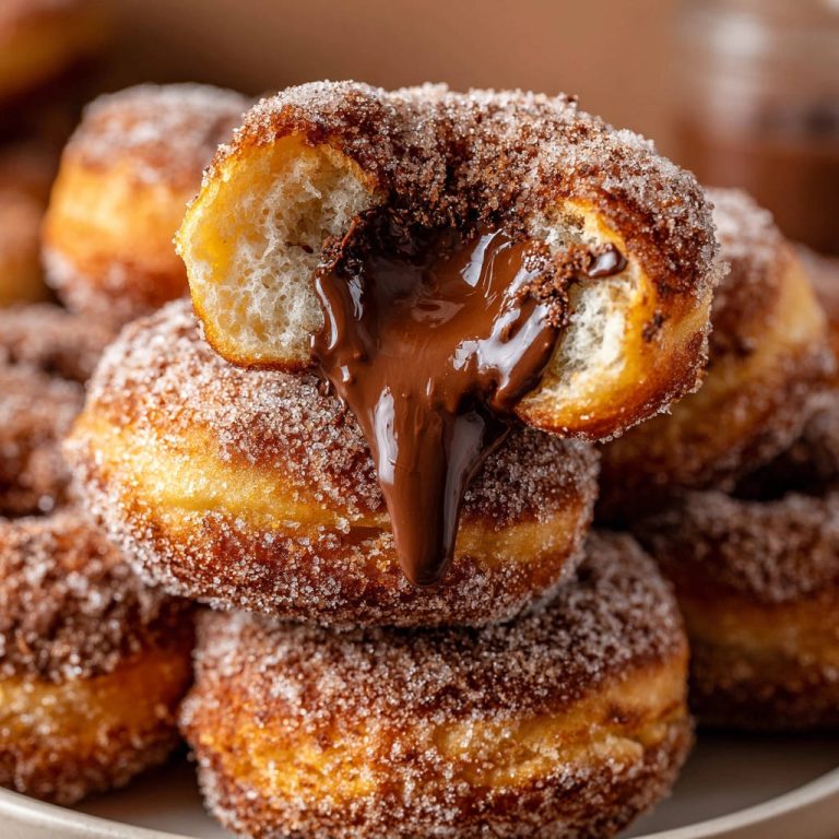 Schoko-gefüllte Donuts angeschnitten, aus denen warme Schokolade herausläuft, auf einem Teller gestapelt.