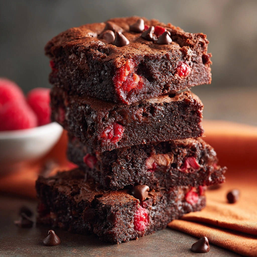 Saftige Schoko-Brownies mit Himbeeren & Schokostückchen, gestapelt und in Nahaufnahme mit sichtbaren Fruchtstücken.
