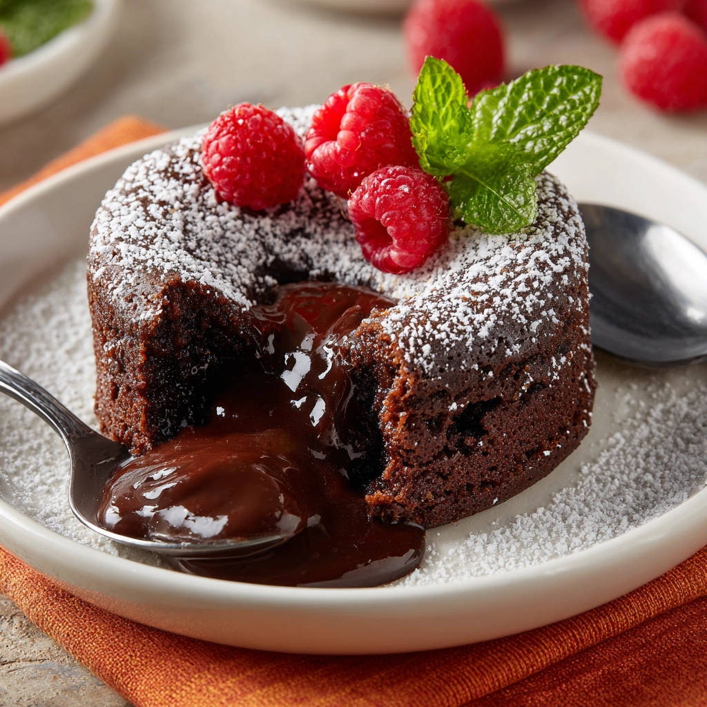 Schoko-Lava-Küchlein mit flüssigem Kern, angestochen mit einem Löffel und garniert mit Himbeeren und Minze.