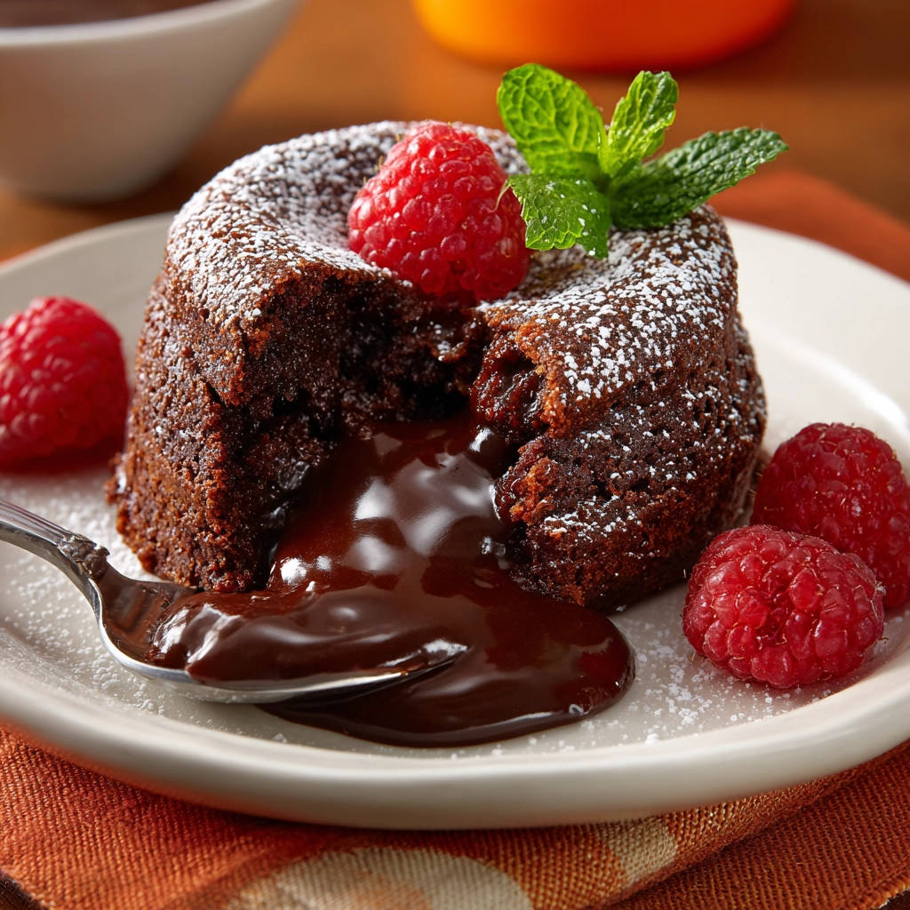 Schoko-Lava-Küchlein mit flüssigem Kern, Nahaufnahme des geschmolzenen Schokoladeninneren und frischen Himbeeren.