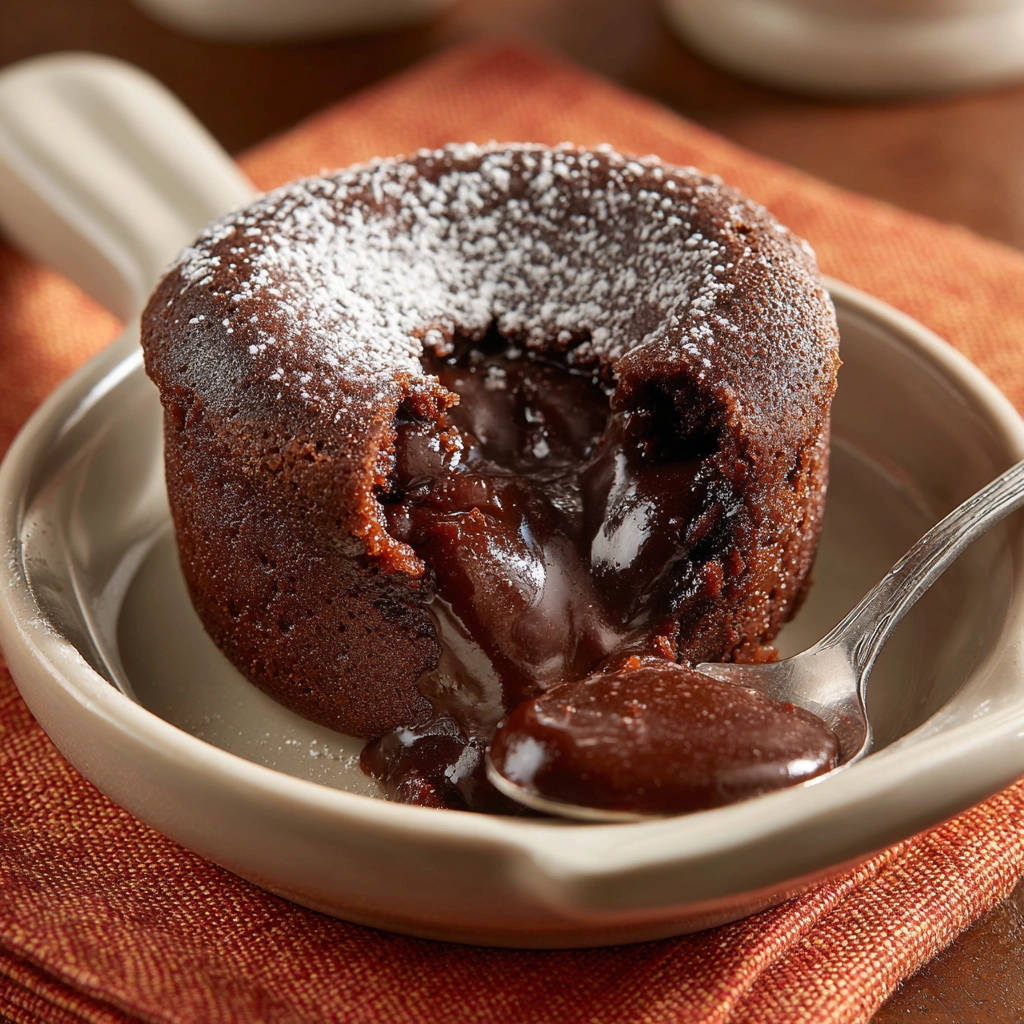 Schoko-Lava-Küchlein mit flüssigem Kern, ein Löffel hebt flüssige Schokosauce aus dem angeschnittenen Kuchen.