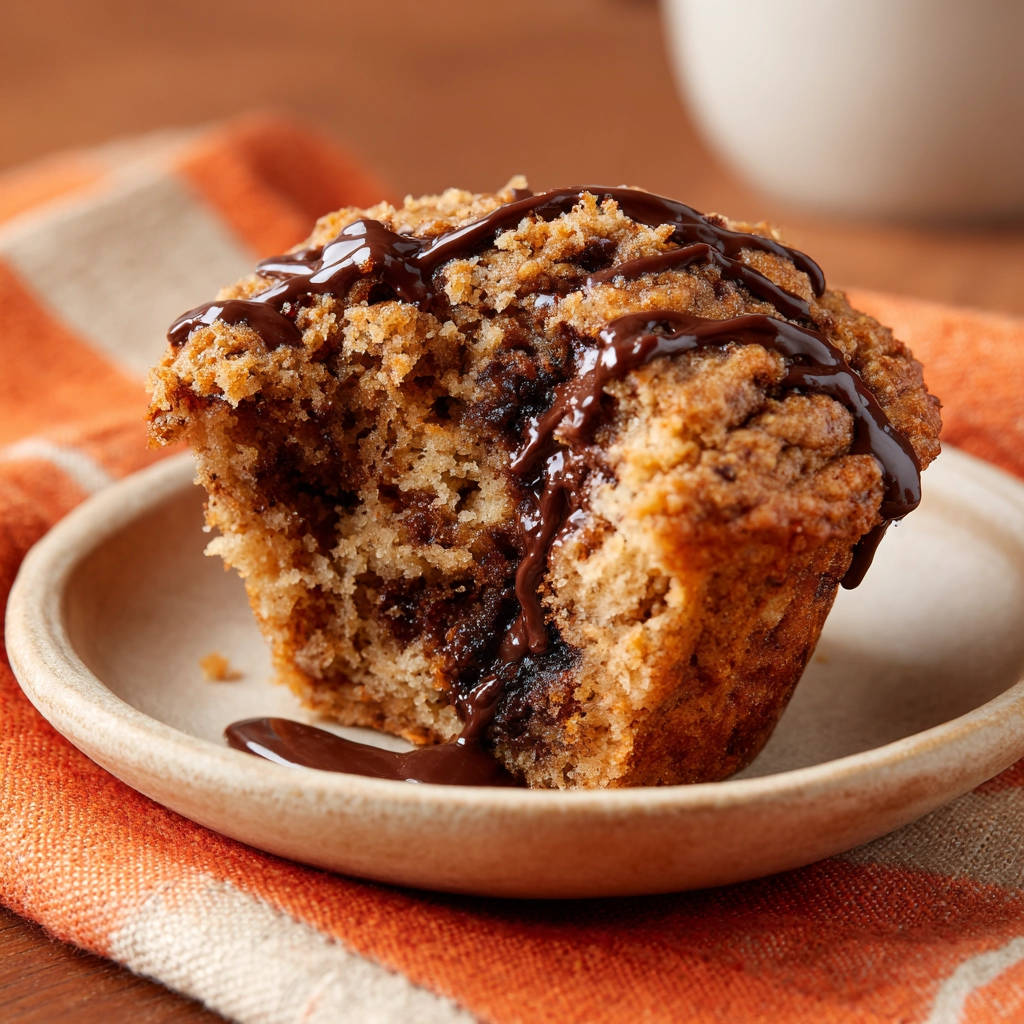 Schoko-Streusel-Muffins angeschnitten mit Schokoladensauce, die auf dem saftigen Inneren zerläuft.