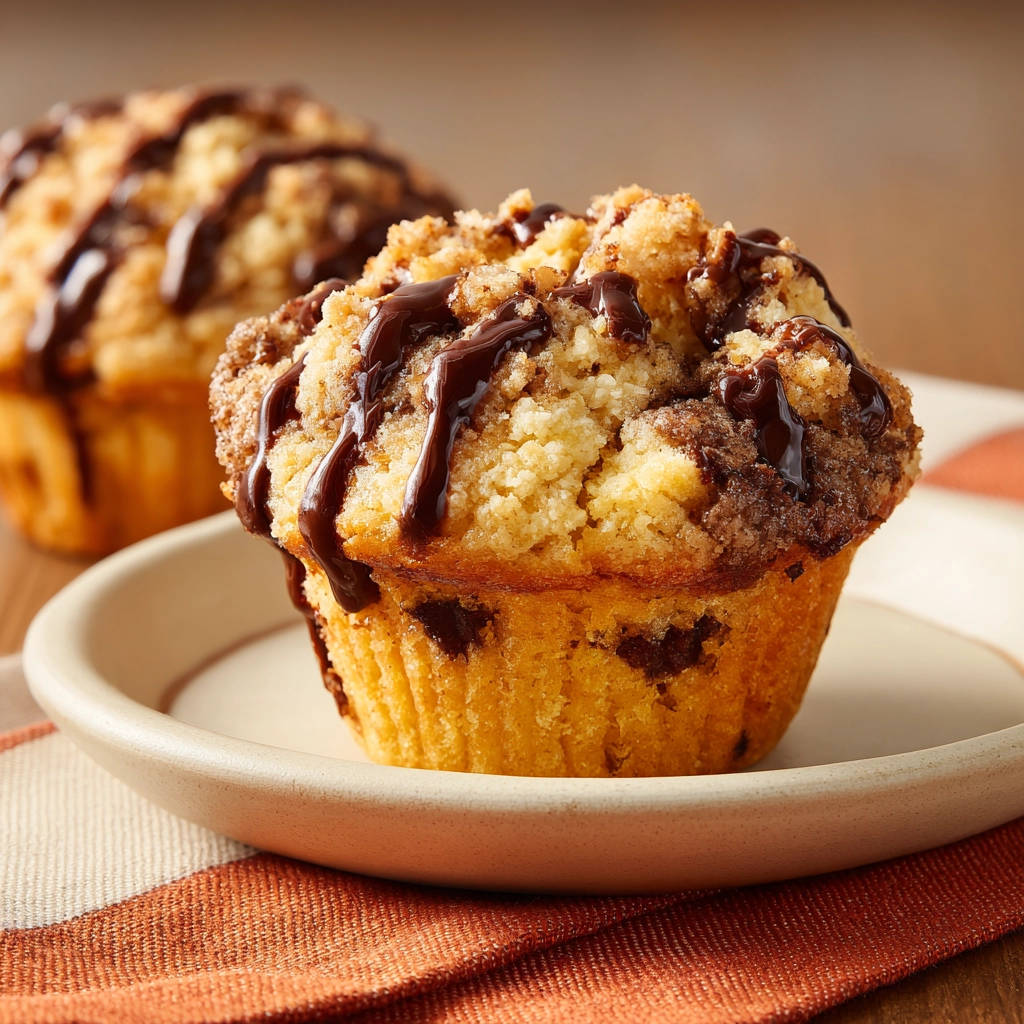 Schoko-Streusel-Muffins mit saftiger Krume und detailreicher Schokoladenglasur, auf einem Teller serviert.