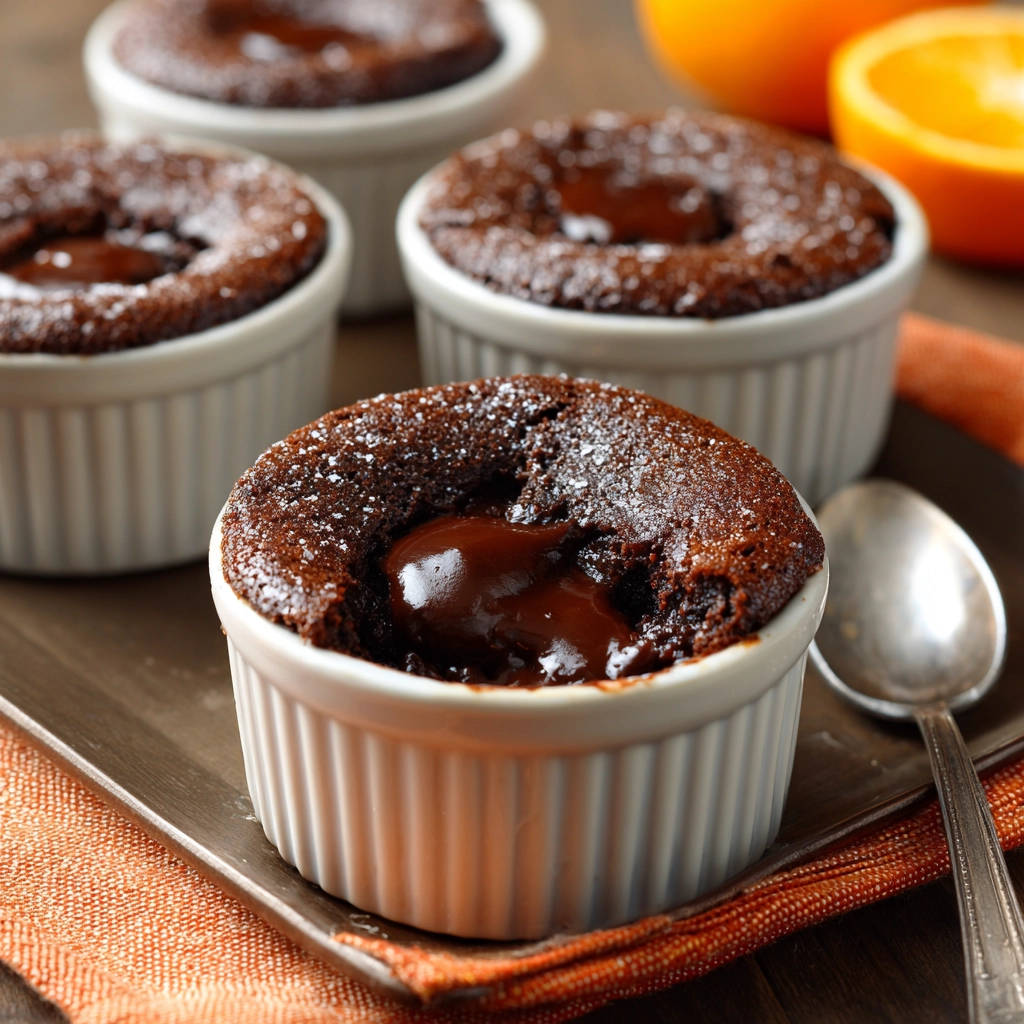 Schokoküchlein mit flüssigem Kern, das Innere zeigt den geschmolzenen Schokoladenkern, serviert in einer Ramekin-Schale.