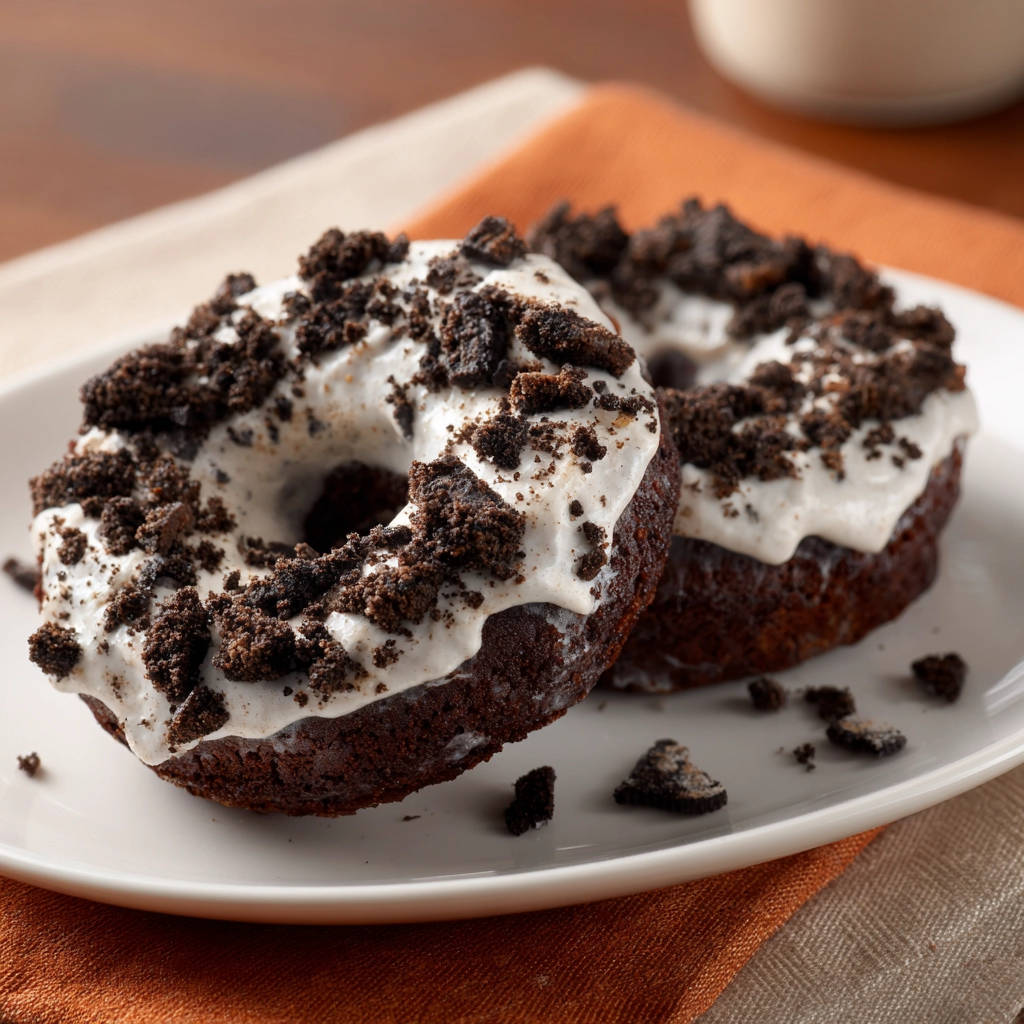 Saftige Schokoladen-Donuts mit Cookie-Crumble, nahaufnahme der glasierten Oberfläche mit Keksstückchen.
