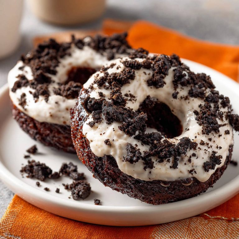 Saftige Schokoladen-Donuts mit Cookie-Crumble, nah aufgenommen auf einem weißen Teller, mit Krümeln auf der Glasur.
